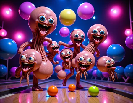 disco-themed The old gods go bowling using severed heads as bowling balls. . vibrant, groovy, retro 70s style, shiny disco balls, neon lights, dance floor, highly detailed