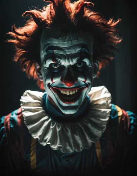 dark photo a clown smiling wickedly, horror, 35mm cinematic, atmospheric lighting, bokeh,