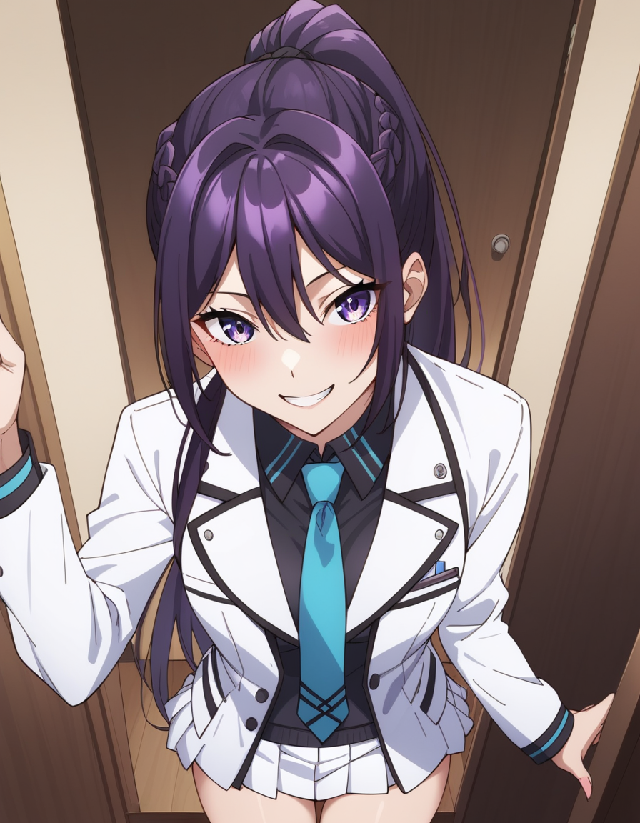 score_9, score_8_up, score_7_up, source_anime, uncensored, <lora:StS_detail_slider_v1:3>, zPDXLxxx, <lora:Rin_Kanzaki_PONYXL_VexVexX:1>, RinKanzaki, 1girl, purple eyes, purple hair, ponytail, long hair, braid, bangs, hair between eyes, bangs, medium-small breasts, school uniform, white jacket, white skirt, black shirt, blue necktie, cowboy shot, bedroom, from above, Strike a dramatic pose as if on stage, thighs, looking at viewer, smile,