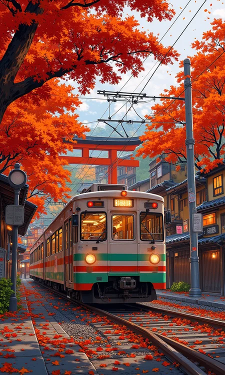 Train running in Kyoto city in autumn, autumn leaves, 8K, Torii, photorealistic, photorealistic best quality, wide angle lens. Illustration style<lora:flux1-D\flux.1_lora_flyway_Hyper-Illustration_v1.0:1.0>