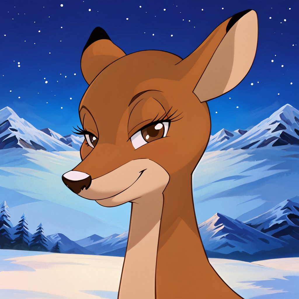 <lora:ZoeyRud98:1> <lora:StS_PonyXL_Detail_Slider_v1.4_iteration_3:3>,  zoey, reindeer, brown eyes, brown iris, black pupils, outdoors, female, eyelashes, black nose, solo, animal focus, facing left, head facing left, looking at viewer, bedroom eyes, closed mouth, smiling, snowy background, northern lights in sky, stars,  mountains in background, legs are unseen, close up,  (8k, sharp details, ultra quality, best quality, score_9, score_8, score_7,) shaded,