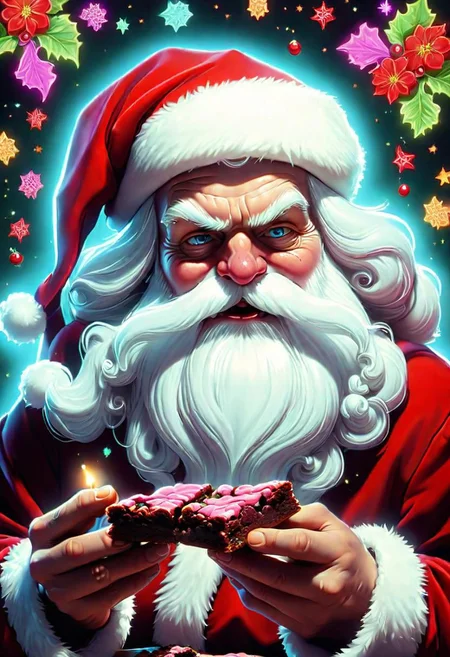 cute cartoon psychedlic santa claus eating some brownies detailed, sharp focus,  DonMN30nChr1stGh0stsXL