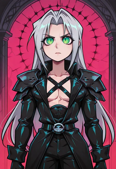 score_9,score_8_up,score_7_up,score_6_up, masterpiece, best quality, very aesthetic, 2d, ((thin lines)), vibrant saturated colors,
volumetric lighting, cinematic lighting, moody lighting, dramatic shadows,
detailed background,
BREAK sephiroth, official outfit grey hair, long hair, very long hair, parted bangs, armor, open clothes, shoulder armor, long sleeves, pectorals, black jacket, jacket, black gloves, high collar, long bangs, black coat, green eyes, slit pupils, gothic noir background