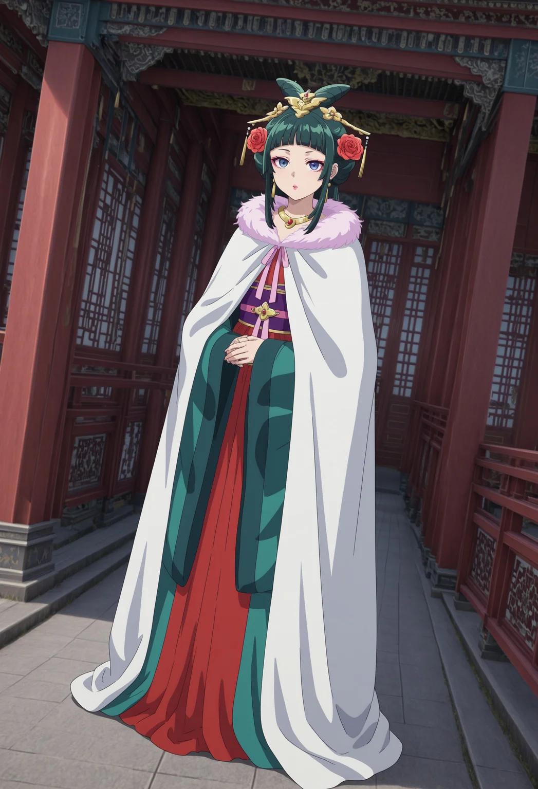 masterpiece, best quality, amazing quality, very aesthetic, absurdres, dynamic angle, ultra-detailed, highly detailed, cinematic lighting, realistic shading, intricate details, soft lighting, high contrast, depth of field, perspective, full body, outdoors, east asian architecture, ADBOMao2, 1girl, green hair, blue eyes, flat chest, pink lipstick, pink eyeshadow, BOhairstyle, official alternate hairstyle, long sidelocks, cone hair bun, gold hair ornament, gold tassel hair ornament, red rose, hair flower, official alternate costume, tassel earrings, neck ring, fur-trimmed cloak, white cloak, pink fur trim, pink ribbon, layered clothes, green daxiushan, very wide sleeves, long sleeves, purple sash, red long dress, own hands together