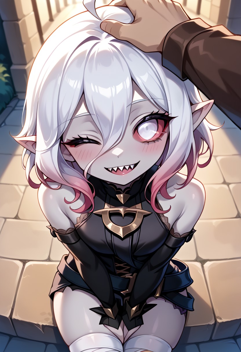 score_9, score_8_up, score_7_up, source anime, intricate, dynamic pose, 1girl, 1girl, briar, white eyes, colored sclera, white hair, gradient hair, short hair, hair between eyes, ahoge, pointy ears, sharp teeth, grey skin, bare shoulders, detached sleeves, bandaged legs, looking at viewer, smile, sitting, blush, from above, pov, head pat, one eye closed,
Outdoors, absurdres, perfect eyes, volumetric lighting, intricate_details_xl, motion lines, zPDXL2,