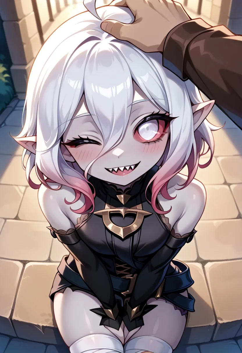 score_9, score_8_up, score_7_up, source anime, intricate, dynamic pose, 1girl, 1girl, briar, white eyes, colored sclera, white hair, gradient hair, short hair, hair between eyes, ahoge, pointy ears, sharp teeth, grey skin, bare shoulders, detached sleeves, bandaged legs, looking at viewer, smile, sitting, blush, from above, pov, head pat, one eye closed,
Outdoors, absurdres, perfect eyes, volumetric lighting, intricate_details_xl, motion lines, zPDXL2,