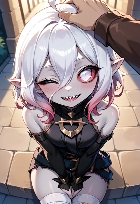 score_9, score_8_up, score_7_up, source anime, intricate, dynamic pose, 1girl, 1girl, briar, white eyes, colored sclera, white hair, gradient hair, short hair, hair between eyes, ahoge, pointy ears, sharp teeth, grey skin, bare shoulders, detached sleeves, bandaged legs, looking at viewer, smile, sitting, blush, from above, pov, head pat, one eye closed,
Outdoors, absurdres, perfect eyes, volumetric lighting, intricate_details_xl, motion lines, zPDXL2,