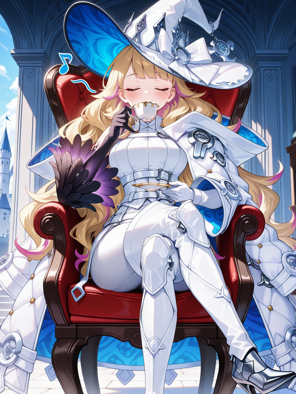 diabellze the original sinkeeper,1girl,solo,sitting,musical note,closed eyes,holding teacup,chair,teacup,crossed legs,smile,blush,drinking,white bodysuit,white coat,white thigh boots,white witch hat,single purple elbow glove,castle,
masterpiece,best quality,amazing quality,very aesthetic,absurdres,newest,<lora:diabellstar the black witch and original sinkeeper illuXL v1.2:0.8>,