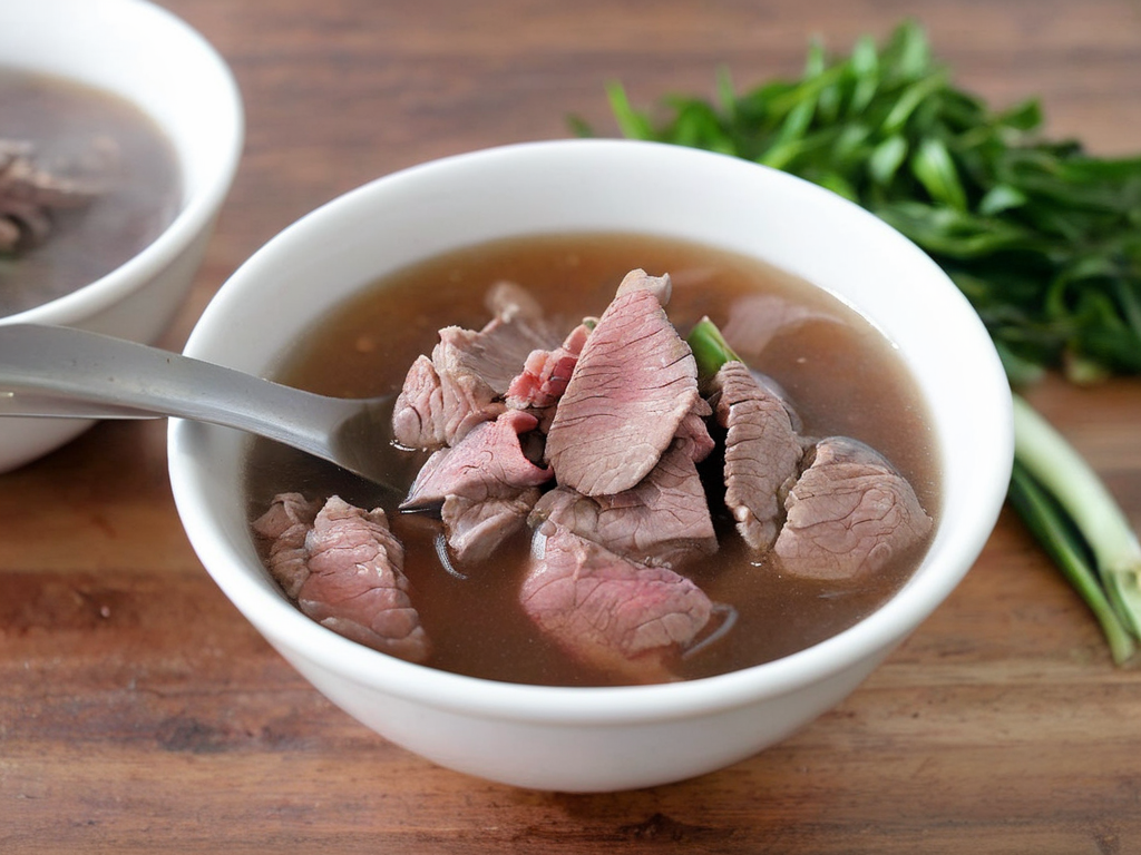 A high-resolution, hyper-realistic image of a bowl of Sweetbeefsoup. This traditional dish features a clear, sweet broth that is the star of the dish. The broth is simmered to perfection, with a hint of sweetness that tantalizes the taste buds. A subtle hint of pink is added to the broth, giving it a unique and appealing look. The soup is garnished with fresh ginger and scallions, which are evenly sprinkled throughout the broth, adding a pop of color and enhancing the flavor. It's served in a traditional ceramic bowl, placed on a rustic wooden table. The scene is set in a cozy kitchen, with all elements in sharp focus, creating a clear and detailed image. The lighting should be warm and inviting, highlighting the appetizing qualities of the Sweetbeefsoup and the homely atmosphere of the setting,<lora:beefsoup:0.75>