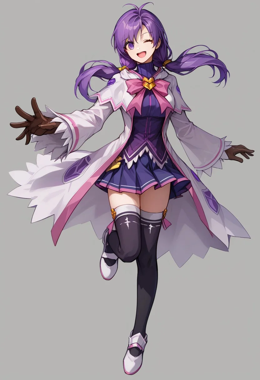 score_9, score_8_up, score_7_up, source_anime, good anatomy, 1girl, solo, AishaEM, purple eyes, purple hair, low twintail, brown leather gloves, white and pink coat, pink bow, dark purple shirt, purple and pink miniskirt, pleated skirt, black thighhighs, white and pink shoes, smiling, open mouth, medium breasts, tall girl, full body, leaping, one knee raised, winking