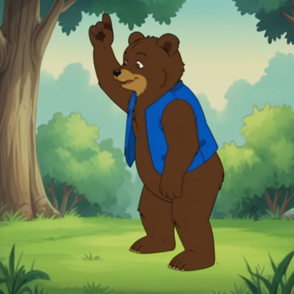 score_9, score_8_up, score_7_up, score_6_up, score_5_up, score_4_up, source_furry, bearfrnkln, semi-anthro, male, bear, brown fur, blue vest, outside, standing, in a forest