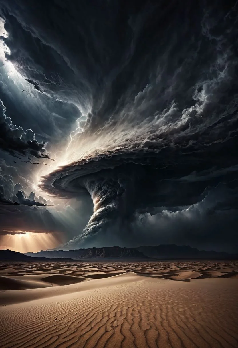 (a threatening sky with dark clouds forming a vortex blowing away the sand of a desert land), all dark sky, end of the world atmosphere, dark atmosphere, high details, (masterpiece, best quality:1.4), dramatic lighting, film noire aesthetic, deep shadows, fine art photography, cinematic atmosphere, ultra detailed, (realistic), night time