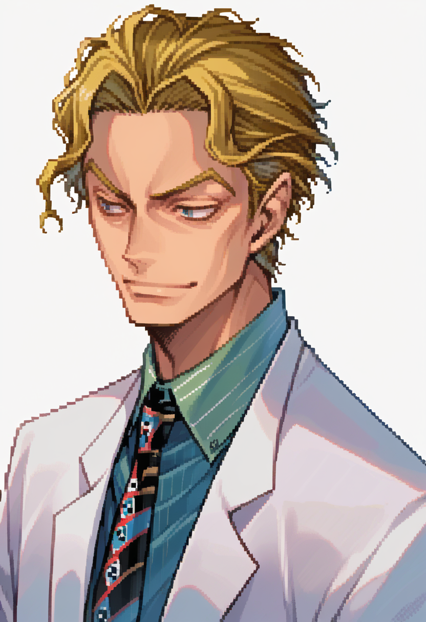 score_9, score_8_up, score_7_up, source_anime, 1boy, solo, smile
<lora:zs_DevilSurvivorPortraitsXL:1> devilsurvivorportraits, portraits, white background
 <lora:Kira:1> Yoshikage Kira, short hair, blonde hair, cheekbones, suit, collared shirt, tie,