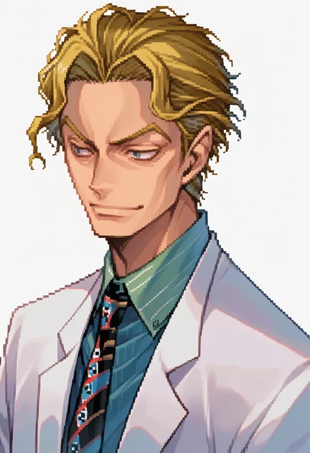 score_9, score_8_up, score_7_up, source_anime, 1boy, solo, smile
<lora:zs_DevilSurvivorPortraitsXL:1> devilsurvivorportraits, portraits, white background
<lora:Kira:1> Yoshikage Kira, short hair, blonde hair, cheekbones, suit, collared shirt, tie,