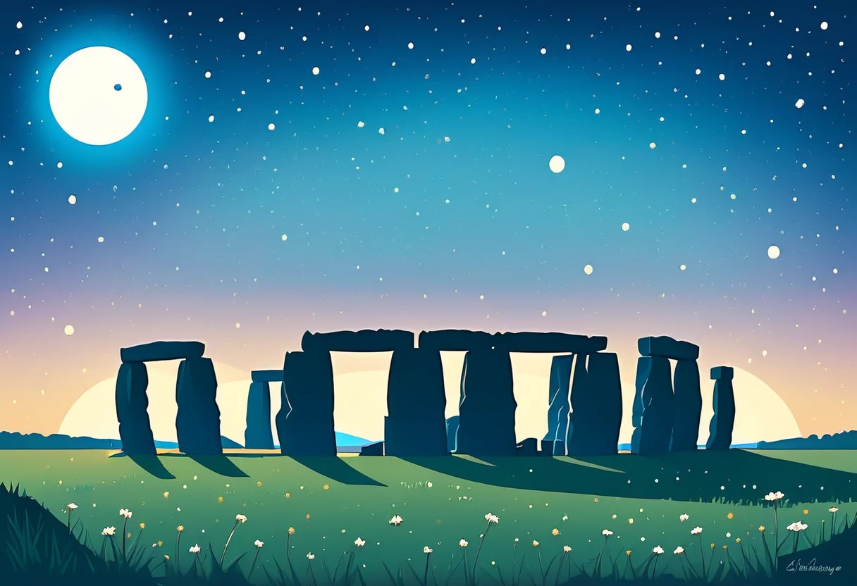 minimal1st, flat color, scenery, no humans, landscape, moon rising over stonehenge, stars, milky way <lora:Minimalist_Anime_XL:1>