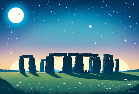 minimal1st, flat color, scenery, no humans, landscape, moon rising over stonehenge, stars, milky way <lora:Minimalist_Anime_XL:1>