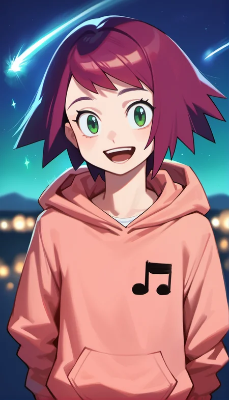 score_9,score_8_up,score_7_up,
<lora:soniastrumm:0.8>,
misorahibiki,
realistic,highres,
1girl,solo,
purple hair,short hair,bangs,bouncing hair,
green eyes,looking at viewer,open smile,
pink sweatshirt,a musical note printed on the hoodie,
portrait,
blurry background,
outdoors,night,starry background,shooting star,starry night,bloom,light particles,lens flare,cloud,lens flare abuse,cityscape,aurora,meteor shower,