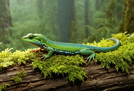Cinematic, Cinematic Lighting, Cinematic Shot, extremely detailed, Film Still, macro photography, depth of field, high detail, hires textures, incredibly detailed, intricate details, intricate diorama, masterpiece, Movie Still, outstanding intricacies, photorealism, true masterpiece, fountain background, glamourous, Stately, lizard, skink, Plestiodon, cry5t415ku11, Pacific Northwest conifer forest, sitting beneath a rotten log with mold and moss.
