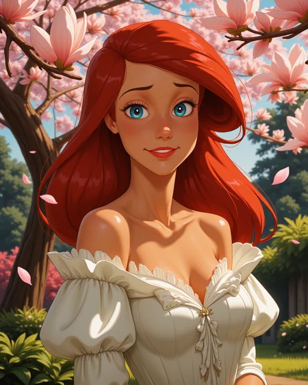 close-up, looking at viewer, outdoors daylight, Confident with a steady gaze, chin lifted, and a subtle smirk showing self-assurance.
A woman stands under a large, blooming magnolia tree in a garden, the sweet fragrance of the flowers filling the air as a gentle breeze causes the petals to drift. in a dynamic pose
<lora:Disney_-_Ariel_v2-000030:1> d-ariel a 20 year old adult woman with blue eyes and red hair. In her iconic outfit