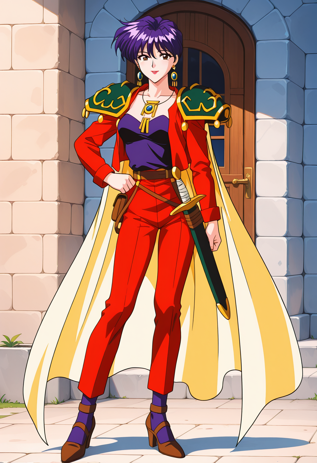 masterpiece, best quality, amazing quality, 1girl, solo, 1990s \(style\), retro_artsryle,
<lora:komiyama_airi_v01:0.9>, komiyama_airi, purple hair, short hair, brown eyes, lipstick,
earrings, pauldrons, yellow cape, red jacket, long sleeves, necklace, purple camisole, strapless, belt, red pants, purple socks, brown strappy heels, (smile:0.7), posing,
sheath, sheathed, pouch