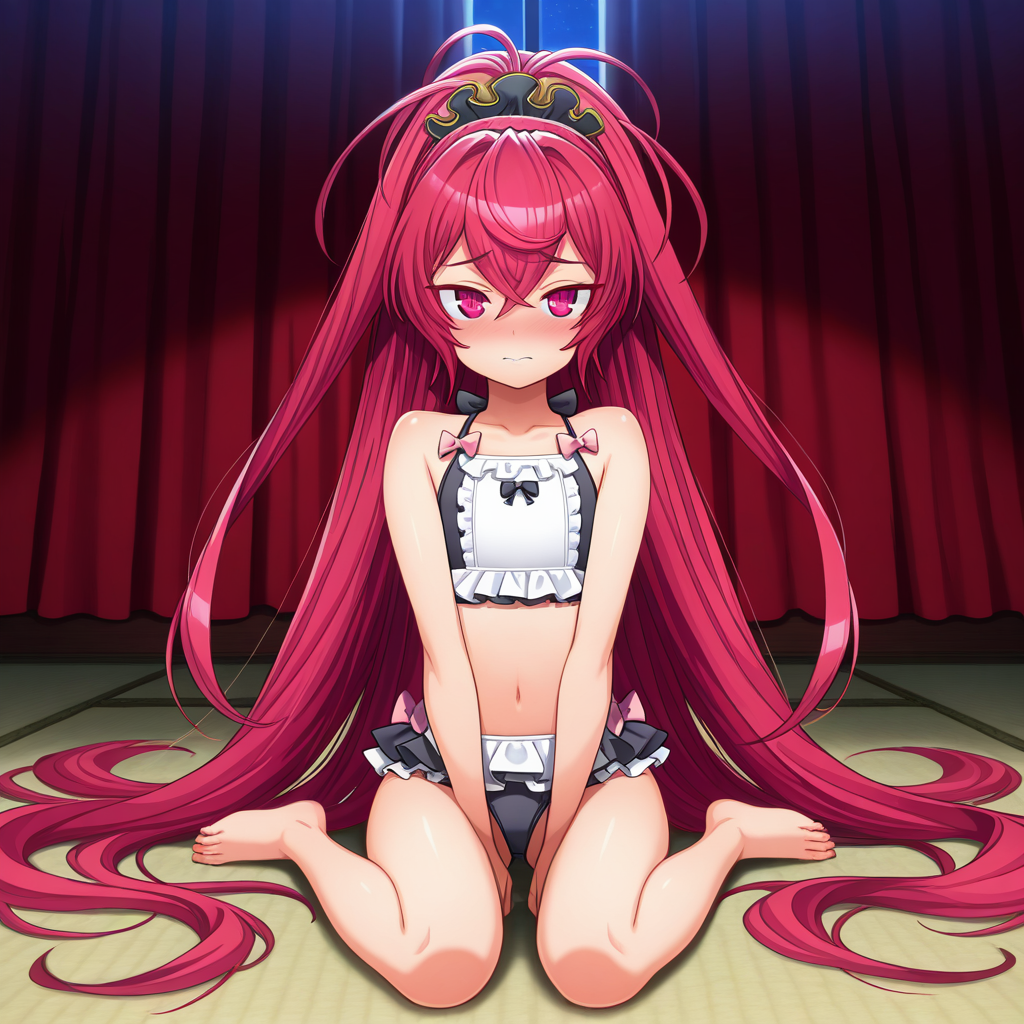 best quality, amazing quality, absurdres, uncensored, detailed eyes, perfect eyes, extremely detailed CG, extremely detailed face, perfect face, detailed Lora, best quality, anime, masterpiece, beautiful eyes, beautiful face, high resolution, distinct image, 4k, 8k, high_resolution, high, super, hyper, perfect_finger, distinct_image BREAK  <lora:Aku_no_Onna_Kanbu_Lunarverse13th_IL:1>Lunarverse13th, 1girl, solo, red hair, very long hair, flat chest, red eyes, frills, frilled bikini, barefoot