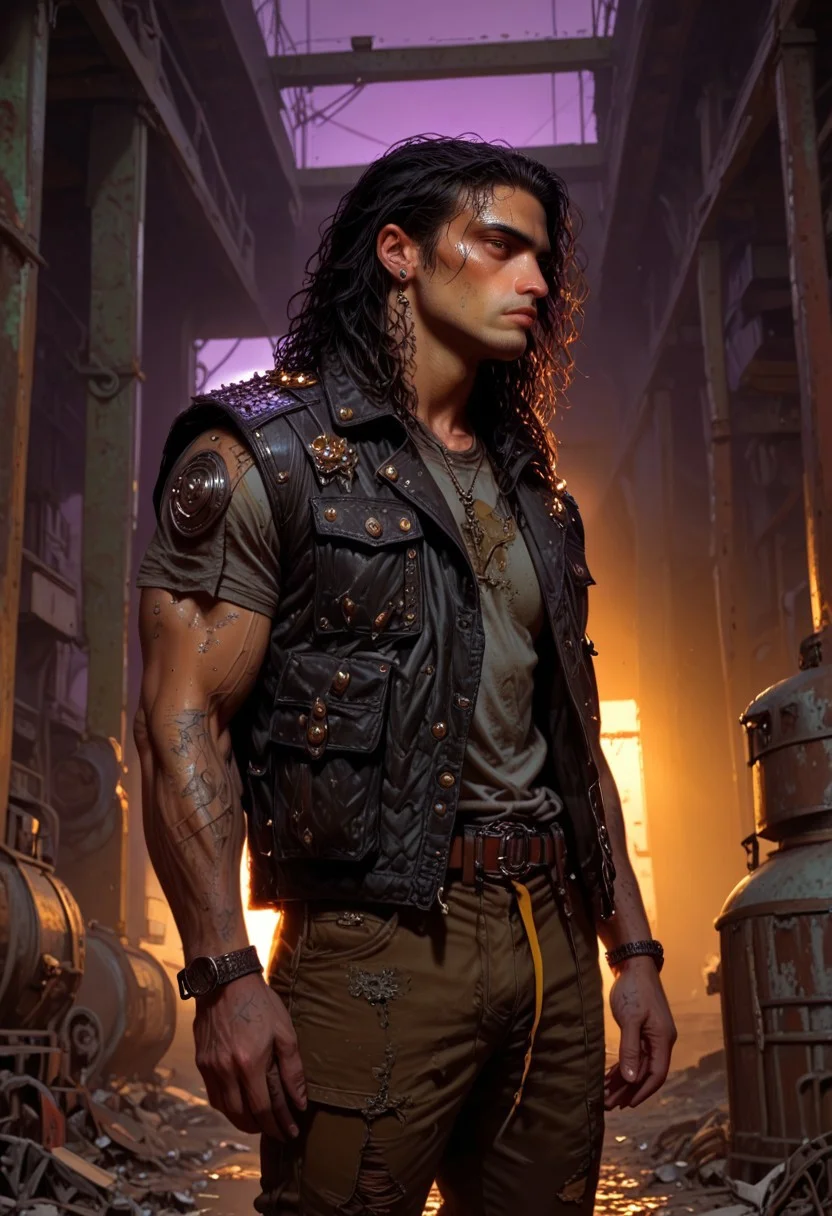 score_9, score_8_up, score_7_up, best quality, fine detail, digital painting, 1boy, solo, long curly wet black hair, muscular, black leather vest with studs, snake on shoulders, handsome, standing in a factory, wearing ripped cargo pants, wrinkled clothing, worn out tattered clothing, relaxing, carefree, melancholy, very detailed background, purple lighting, gritty, amber lighting, deep shadows, vivid detail, interesting composition, 8K, UHD, goonguy