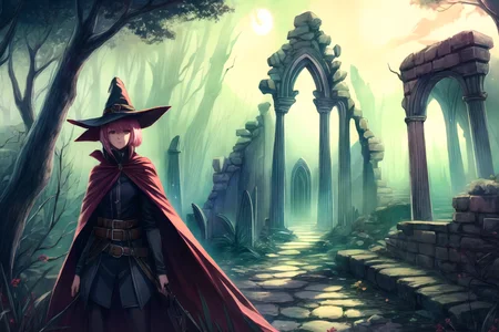 <lora:WitchHunter:0.8> WitchHunter, belt, cape, hat, dark forest, moonlight, <lora:FantasyRuins:0.8> FanRu, magical fantasy world, ruins, overgrown, best quality, masterpiece, <lora:more_details:0.7>, 1girl, solo, pink hair, short hair, brown eyes