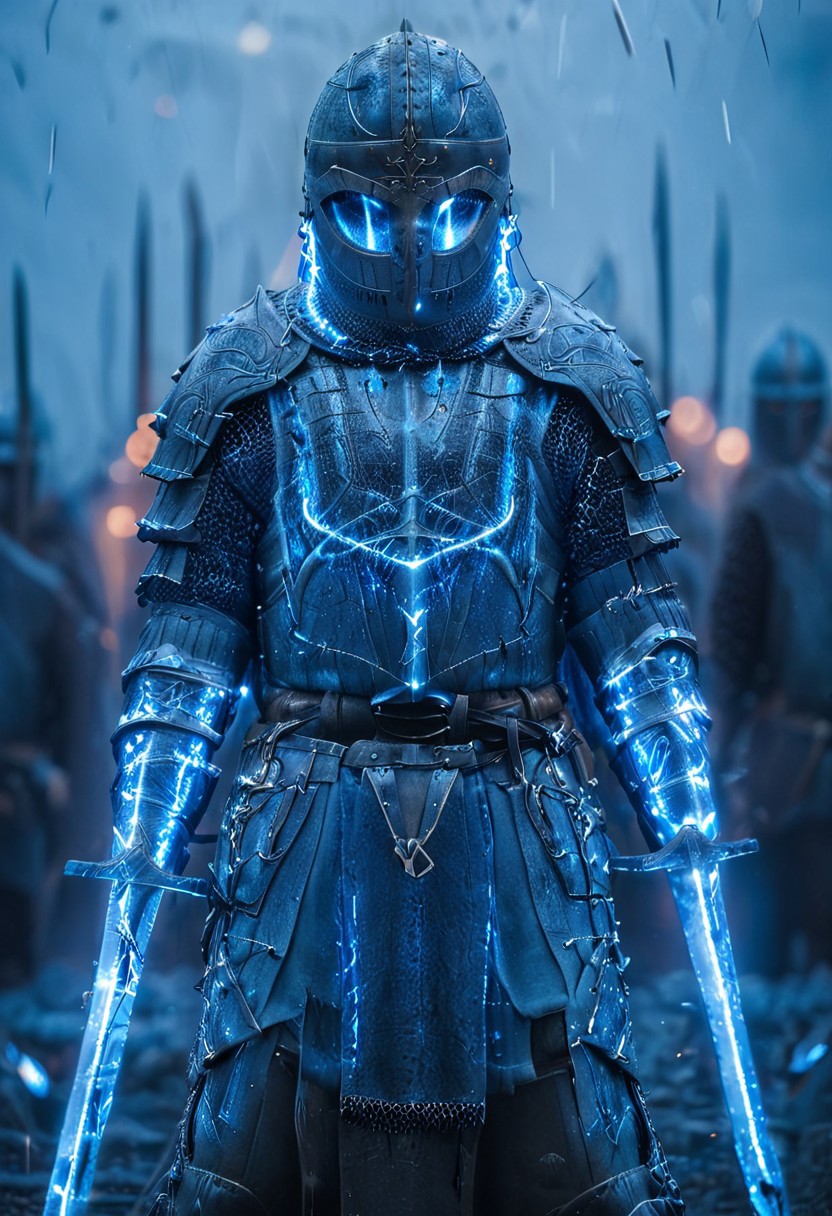 1man, armored Viking warrior in lamellar armor, wearing Viking helmet and lamellar armor, broken glass, reflection, glowing blue lightning, Dual Swords, Viking sword, blue flames, shatter, holding sword, glowing sword, motion blur, emphasis line, outdoor in the darkness, looking at viewer,