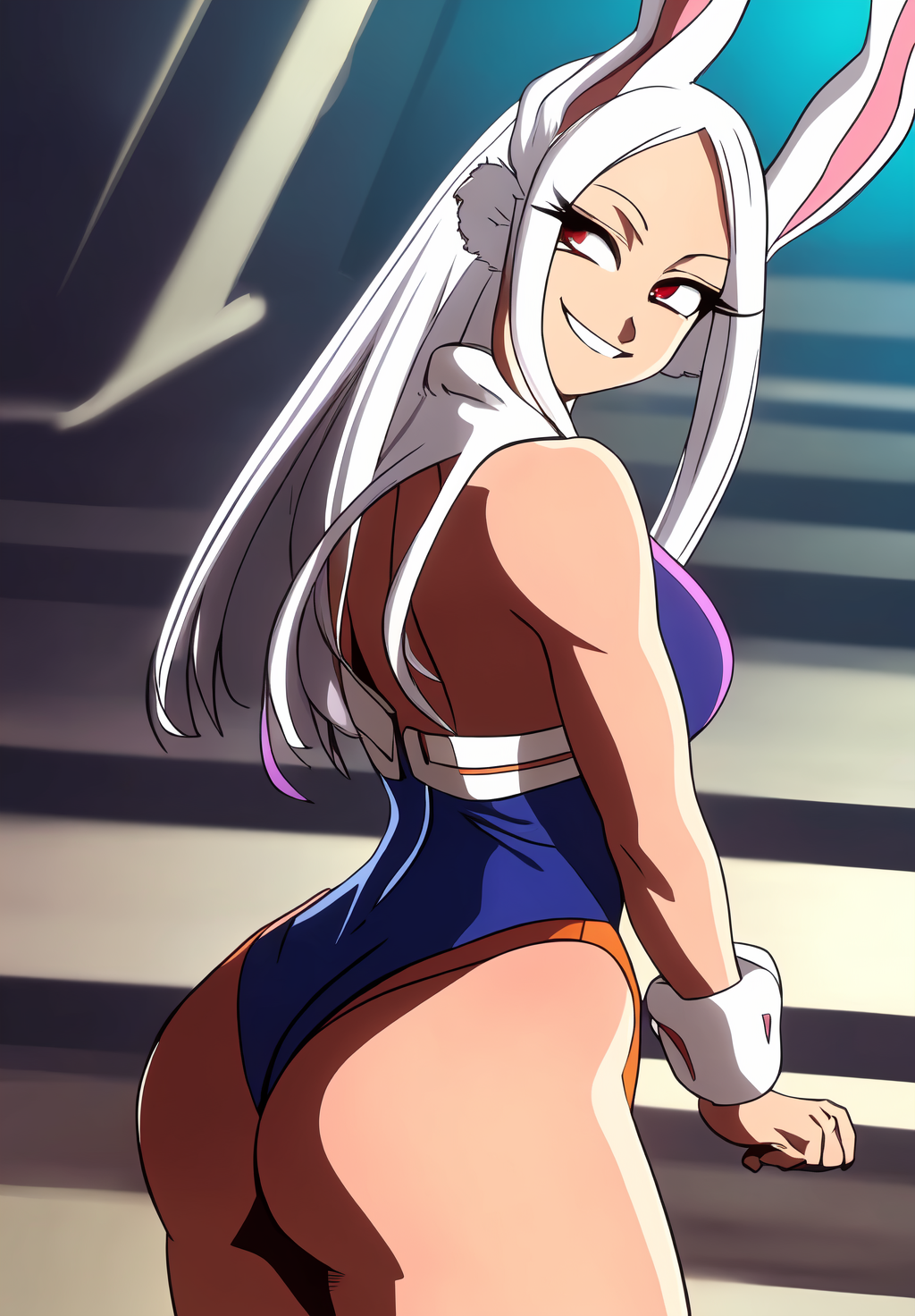 <lora:miruko:0.8>, miruko, (masterpiece, best quality,perfect lighting), 1girl, solo, smirk, action pose, leotard, (portrait, from behind, looking back,)