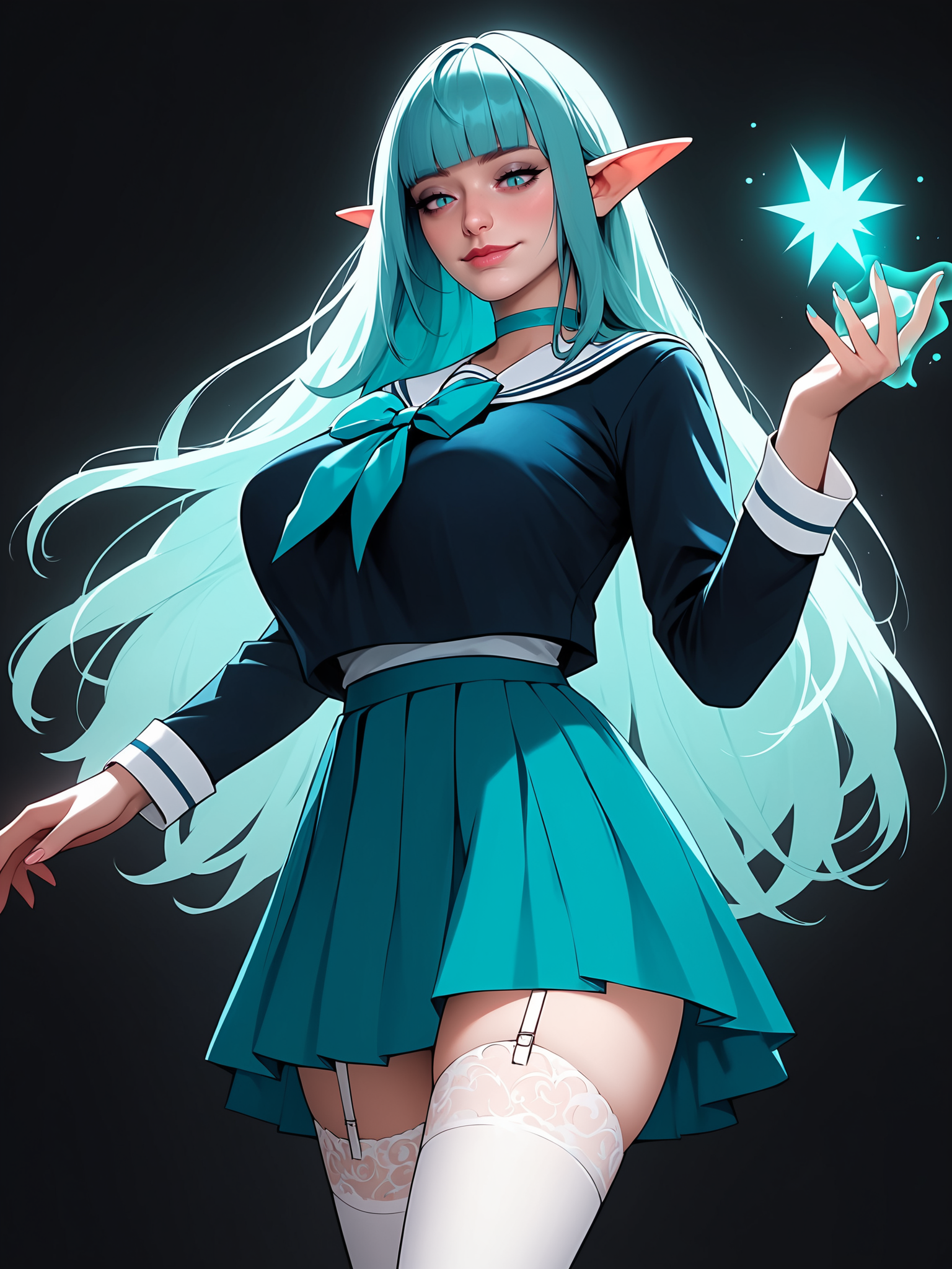 score_9, score_8_up, score_7_up, score_6_up, score_5_up, score_4_up,
BREAK
elf girl, pale skin, soft skin, smooth skin, blunt bangs, aqua hair, long hair, straight hair, aqua eyes, empty eyes, aqua choker, half-closed eyes, black pupils, slit pupils, evil smile, adult, mature, looking down, arrogant, superior,
BREAK
solo, standing, skinny, tall, huge breasts, serafuku, dark blue sailor collar, aqua skirt, dark blue shirt, long sleeves, white lace thighhighs, white garter straps, aqua bowtie, emblem, school emblem, shirt tucked in, holding magic, swirling energy, aqua magic energy,
BREAK
black background, realistic, <lora:Lunas-NijiJourney-SDXL-B2:1>