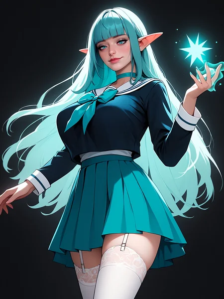 score_9, score_8_up, score_7_up, score_6_up, score_5_up, score_4_up,
BREAK
elf girl, pale skin, soft skin, smooth skin, blunt bangs, aqua hair, long hair, straight hair, aqua eyes, empty eyes, aqua choker, half-closed eyes, black pupils, slit pupils, evil smile, adult, mature, looking down, arrogant, superior,
BREAK
solo, standing, skinny, tall, huge breasts, serafuku, dark blue sailor collar, aqua skirt, dark blue shirt, long sleeves, white lace thighhighs, white garter straps, aqua bowtie, emblem, school emblem, shirt tucked in, holding magic, swirling energy, aqua magic energy,
BREAK
black background, realistic, <lora:Lunas-NijiJourney-SDXL-B2:1>