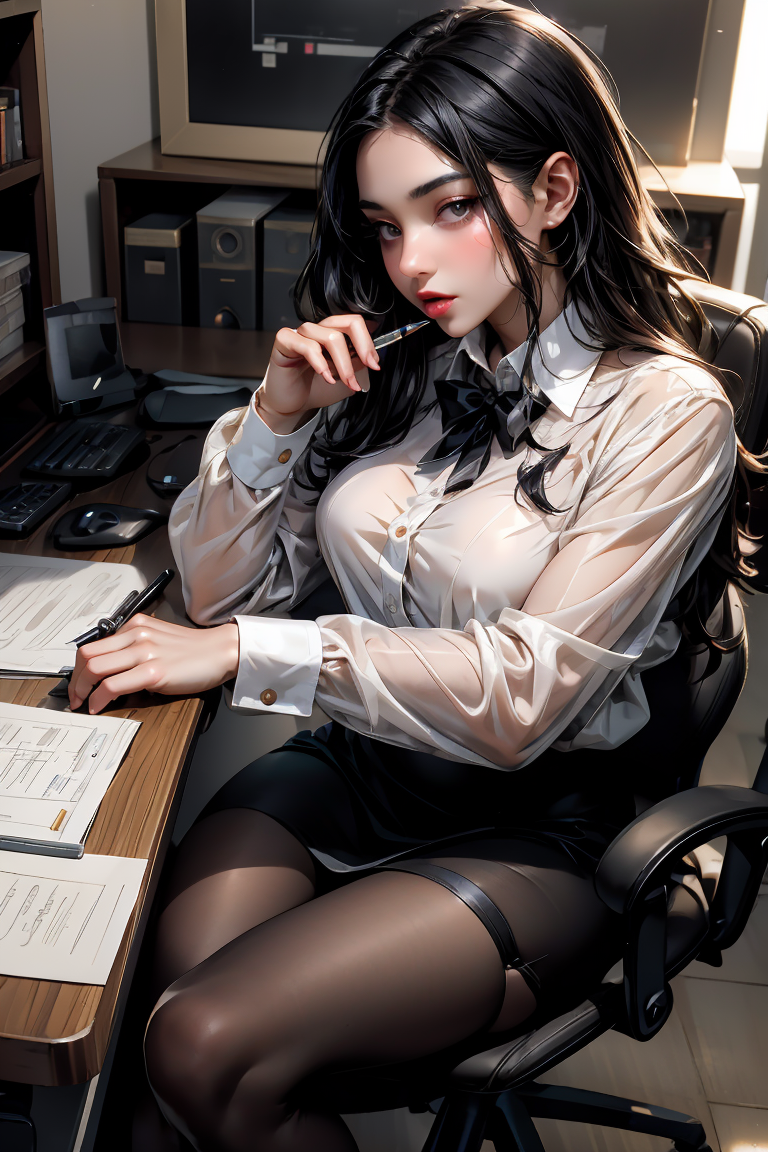 (masterpiece, best quality), a young black haired girl office secretary dressed in a transparent white blouse and black office skirt and black pantyhose ,sitting in an office chair, holding pencil, (detailed skin:1.3),(detailed eyes), (sharp focus),