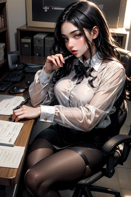 (masterpiece, best quality), a young black haired girl office secretary dressed in a transparent white blouse and black office skirt and black pantyhose ,sitting in an office chair, holding pencil, (detailed skin:1.3),(detailed eyes), (sharp focus),