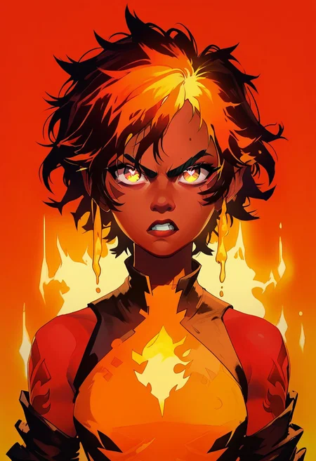 score_9, score_8_up, score_7_up, TKMND, ARKN2, volumetric lighting, portrait, face focus, cel shading, face adorned with shadows, 
BREAK
1girl, short hair, red pupils, fire mage, fiery hair, messy hair, dark red hair, leotard, gold patterns on leotard, angry face, sparkling eyes, arcane energy, lava dripping down face, dripping lava, flames in background, flames accentuates features,