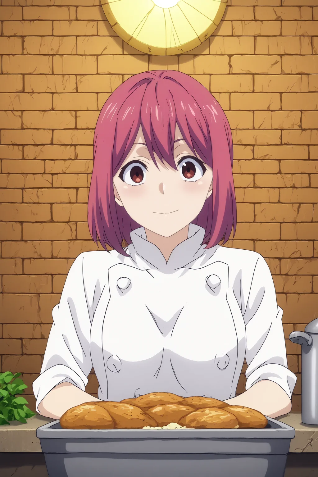 hisako arato,1girl,solo,chef,white shirt,looking at viewer,mature,upper body,smile BREAK indoors,Cozy,white walls,small sink, marble countertop, herb pots, warm light, vintage stove behind,window with a garden, kitchen,orange brick wall,restaurant kitchen Lying on stomach with legs kicked up, <lora:Hisako_Arato_-_Food_Wars.safetensors:0.8> <lora:detailed_backgrounds_v2.safetensors:0.8>