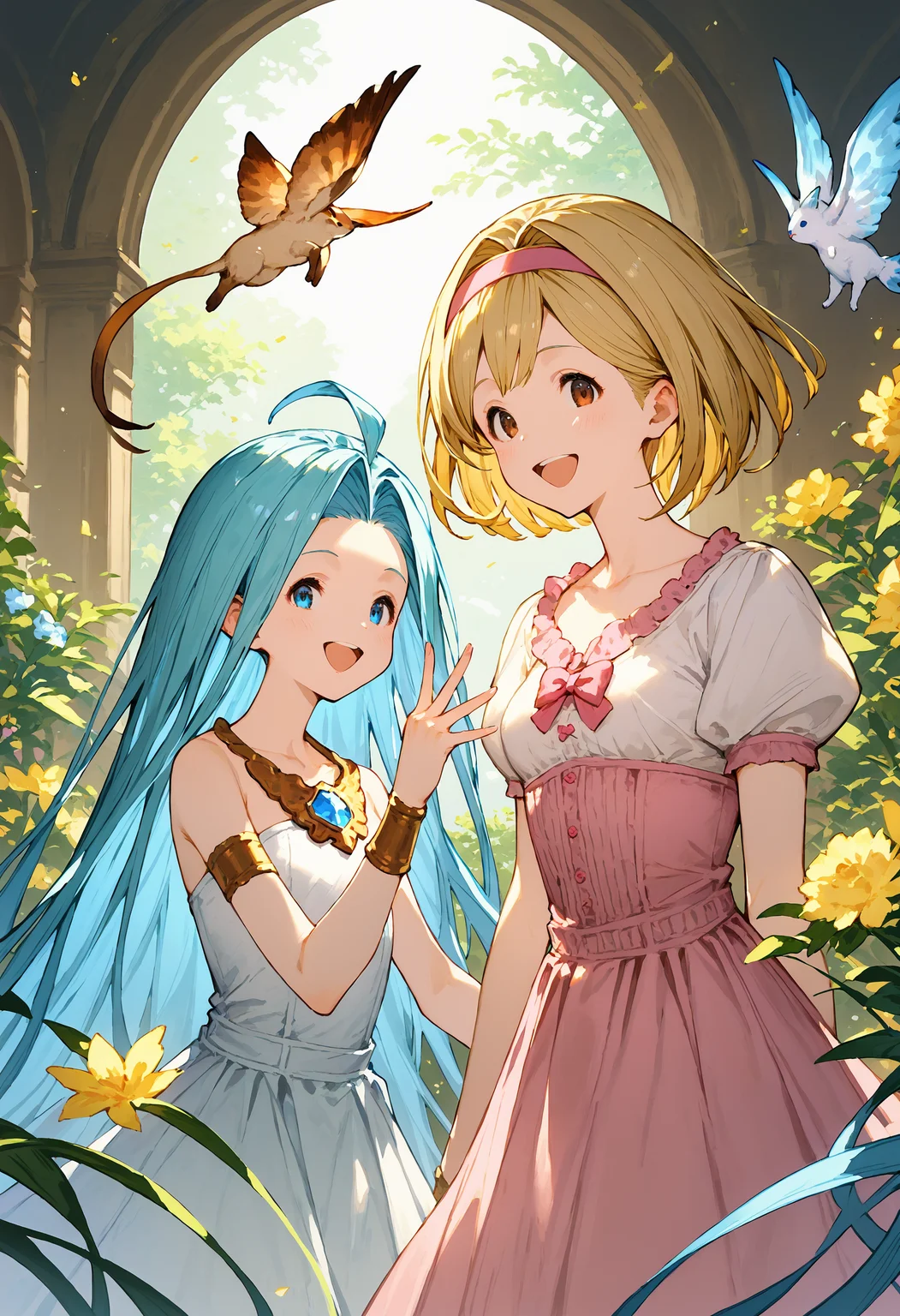 score_9, score_8_up, score_7_up, masterpiece, best quality, very aesthetic, absurdres,
2girls, happy, clear eyes,
lyria \(granblue fantasy\), very long hair, blue hair, medium breasts, skinny, body_slim, small breasts, white cami-dress, bare shoulders, strapless,
djeeta \(granblue fantasy\), (short hair, blonde hair:1.1), pink blouse, hairband, short sleeves,
<lora:JitaRuri-PonyV6:1> jitaruri,