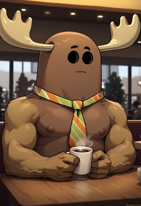 score_9_up, score_8_up, score_7_up, line art, 1boy, p@trick_fitzgerald, antlers, black eyes, tie, portrait, restaurant, sitting at the table, holding a glass of coffee in his hand. calm,