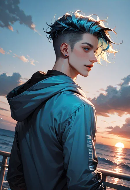 score_9, score_8_up, score_7_up, masterpiece, best quality, lots of details, (male focus), (dark shot, dark theme), (black palette, deep blue palette, gray palette), close-up, unique angle, from behind, day, solo, 1boy, adult, medium muscule, undercut hair, floating hair, two colored hair, deep blue eyes, standing on the embankment, looking at the sea, hoodie, bracelets, rings, open mouth, water, street, bridge, sunrise, highres textures, Expressiveh, dutch angle,,