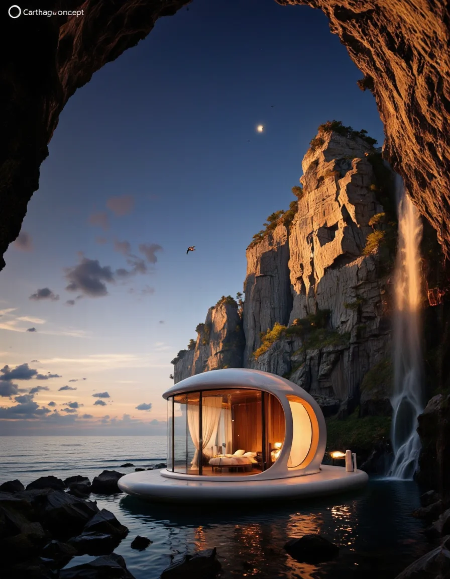 futuristic design. A photo-realistic shoot from a bird's eye view about a floating bedroom in a cave at sunset. the image also shows a serene ocean with a waterfall cascading down the rocky cliff on the right side. on the middle of the image, a round, white, circular structure with a wooden interior and curtains is floating on the water. the structure has a bed with white linens and pillows, creating a peaceful and tranquil atmosphere. the room is situated on a rocky cliff, with the water reflecting the warm colors of the sunset. in the background, a seagull is flying in the sky, adding to the serene ambiance. the text "Carthago concept" is visible in the top left corner, adding a unique touch to the image.