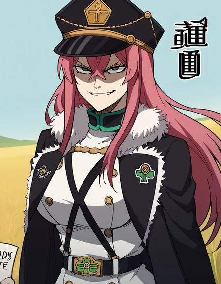 score_9, score_8_up, score_7_up, source_anime, <lora:princia-funnybunny-movie-ponyxl-lora-nochekaiser_r1:1>, princia funnybunny, long hair, green eyes, pink hair, red hair, crossed bangs, sidelocks, hat, jacket, belt, uniform, fur trim, military, military uniform, peaked cap, large breasts,, wheat field, golden, harvest, farming, open, , <lora:just-as-planned-ponyxl-lora-nochekaiser:1> just as planned, just as planned (meme), meme, death note (object), parody, evil grin, evil smile, smirk, shaded face,, looking at viewer, solo,, dutch angle, cowboy shot