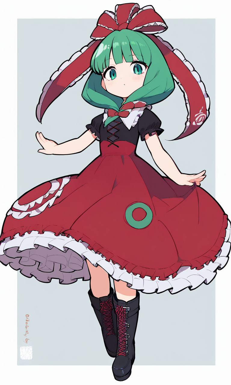 score_9, score_8_up, score_8, score_9, 1 girl,  source_anime, kagiyama hina, green hair, green eyes, ribbon, bow, lace trim, frills, dress, red dress, hair bow, <lora:hina_pony-10:1>,  black shirt,  black boots,   <lora:Eiken3kyuboy_Artist_Style_ponyXL-000018:0.8>, puffy short sleeves
