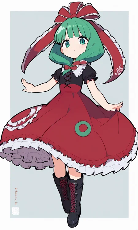 score_9, score_8_up, score_8, score_9, 1 girl, source_anime, kagiyama hina, green hair, green eyes, ribbon, bow, lace trim, frills, dress, red dress, hair bow, <lora:hina_pony-10:1>, black shirt, black boots, <lora:Eiken3kyuboy_Artist_Style_ponyXL-000018:0.8>, puffy short sleeves
