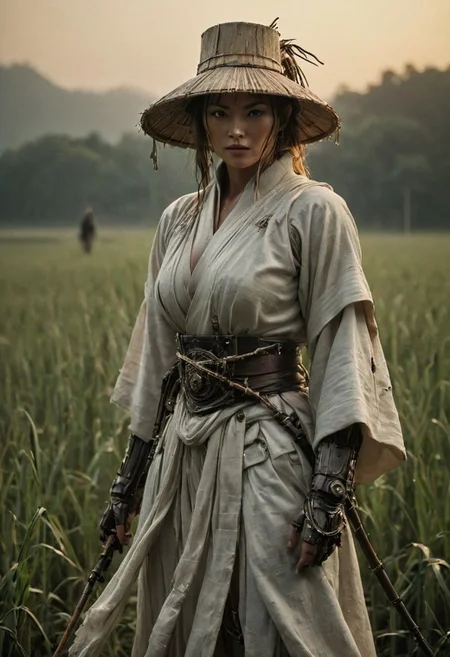 super closeup portrait by franco fontana, Create a vivid scene featuring a busty feudal cyborg shinobi, adorned in white linen hanfu with a large bamboo sedge hat, standing on a dew-covered morning meadow. arms up, bruce lees iconic fighting stance pose, while a subtle glowing aura of energy envelops the warrior.