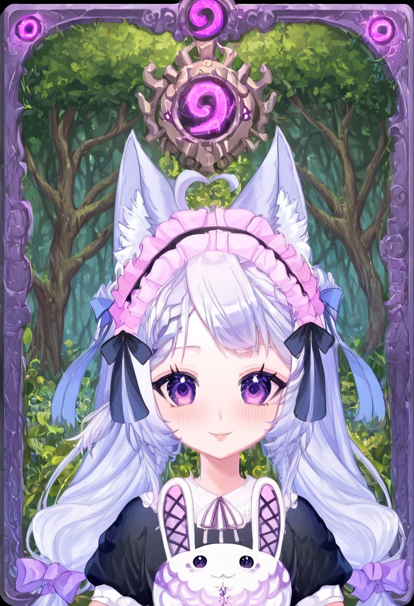 score_9,score_8_up,score_7_up, source_anime,
hyper-detailed, masterpiece, best quality,
(simfonira, source_reference),source_screen_good, model_type_fox,ears_fox, outfit_maid,maid, hair_tails,twintails, long hair, hair bow,  eyes_purple,purple eyes,
upper body,
looking at viewer,
portrait,
Card, Tarot, graphic border, Illustrative,
pink atmosphere, obsidian stone, skeuomorphic, detailed,
Smiling eyes,
forest background,
Lustful personality, 
Jewelry, Extravagant, Shoulderless,
glowneon, glowing, lightning