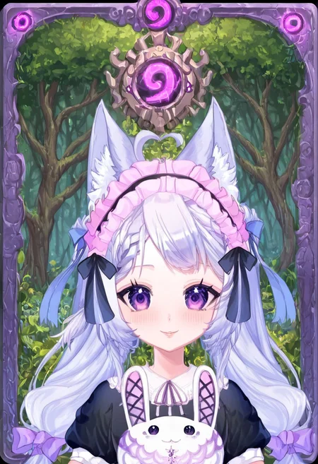 score_9,score_8_up,score_7_up, source_anime,
hyper-detailed, masterpiece, best quality,
(simfonira, source_reference),source_screen_good, model_type_fox,ears_fox, outfit_maid,maid, hair_tails,twintails, long hair, hair bow, eyes_purple,purple eyes,
upper body,
looking at viewer,
portrait,
Card, Tarot, graphic border, Illustrative,
pink atmosphere, obsidian stone, skeuomorphic, detailed,
Smiling eyes,
forest background,
Lustful personality,
Jewelry, Extravagant, Shoulderless,
glowneon, glowing, lightning