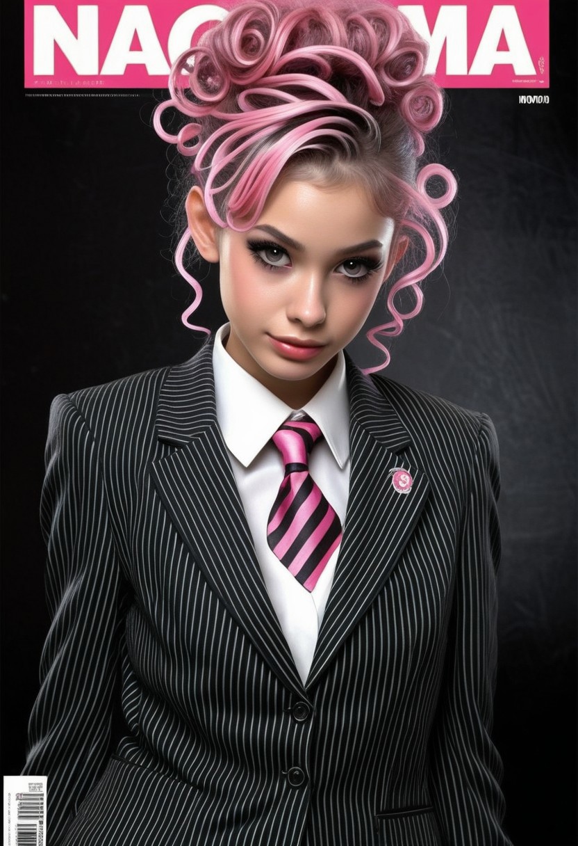24yo beauty UZ_THIN posing on magazine frontpage, wearing <striped business uniform>
