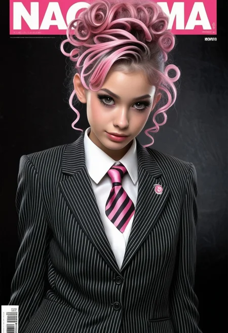 24yo beauty UZ_THIN posing on magazine frontpage, wearing <striped business uniform>
