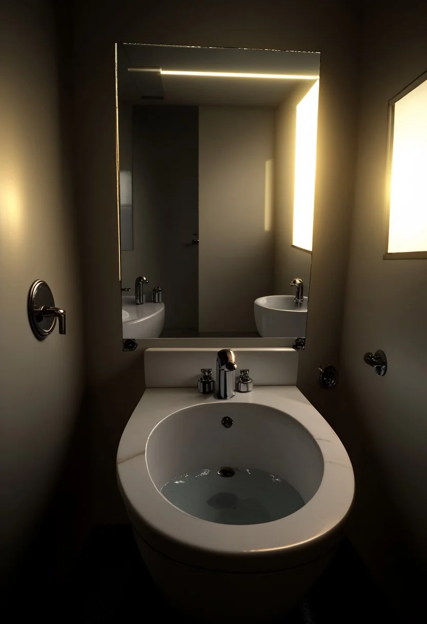 EnD_CyberFutureLandscape Style, futuristic bathroom, mirror, toilet, sink basin, specular highlights, side lighting, extreme light and shadow, cinematic lighting, cinematic angle, natural lighting, score_9, score_8_up, score_7_up, score_6_up, score_5_up, score_4_up,