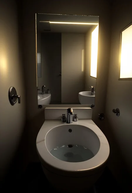 EnD_CyberFutureLandscape Style, futuristic bathroom, mirror, toilet, sink basin, specular highlights, side lighting, extreme light and shadow, cinematic lighting, cinematic angle, natural lighting, score_9, score_8_up, score_7_up, score_6_up, score_5_up, score_4_up,