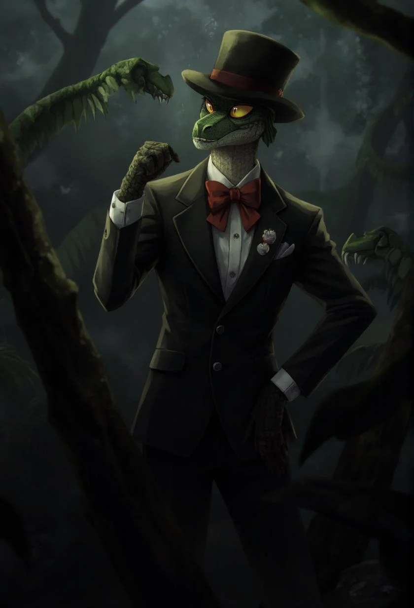 <lora:ck-LttleGhost-000011.safetensors:1> in the style of ck-lttlegh0stA reptilian man in a black suit, smoking hat, and red bowtie poses in a misty, dark atmosphere with yellow eyes and sharp teeth. The image features detailed shading and textures, blending fantasy with realism.